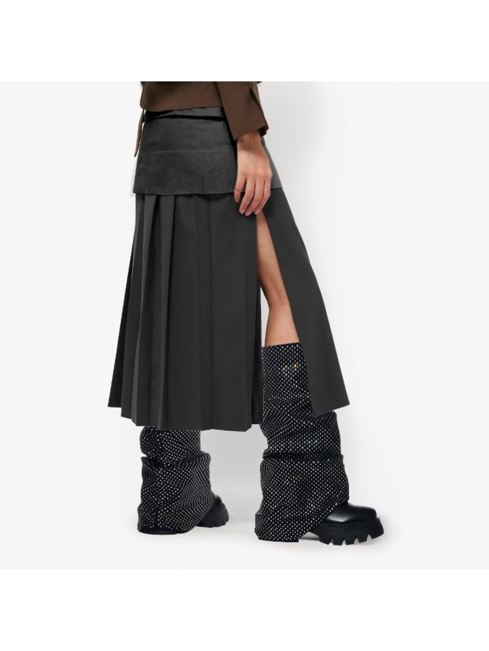 Women's Rhinestone-Black Fold Over Mid Calf Round Toe Heel Stacked Moon Boots - Picture 6 of 6